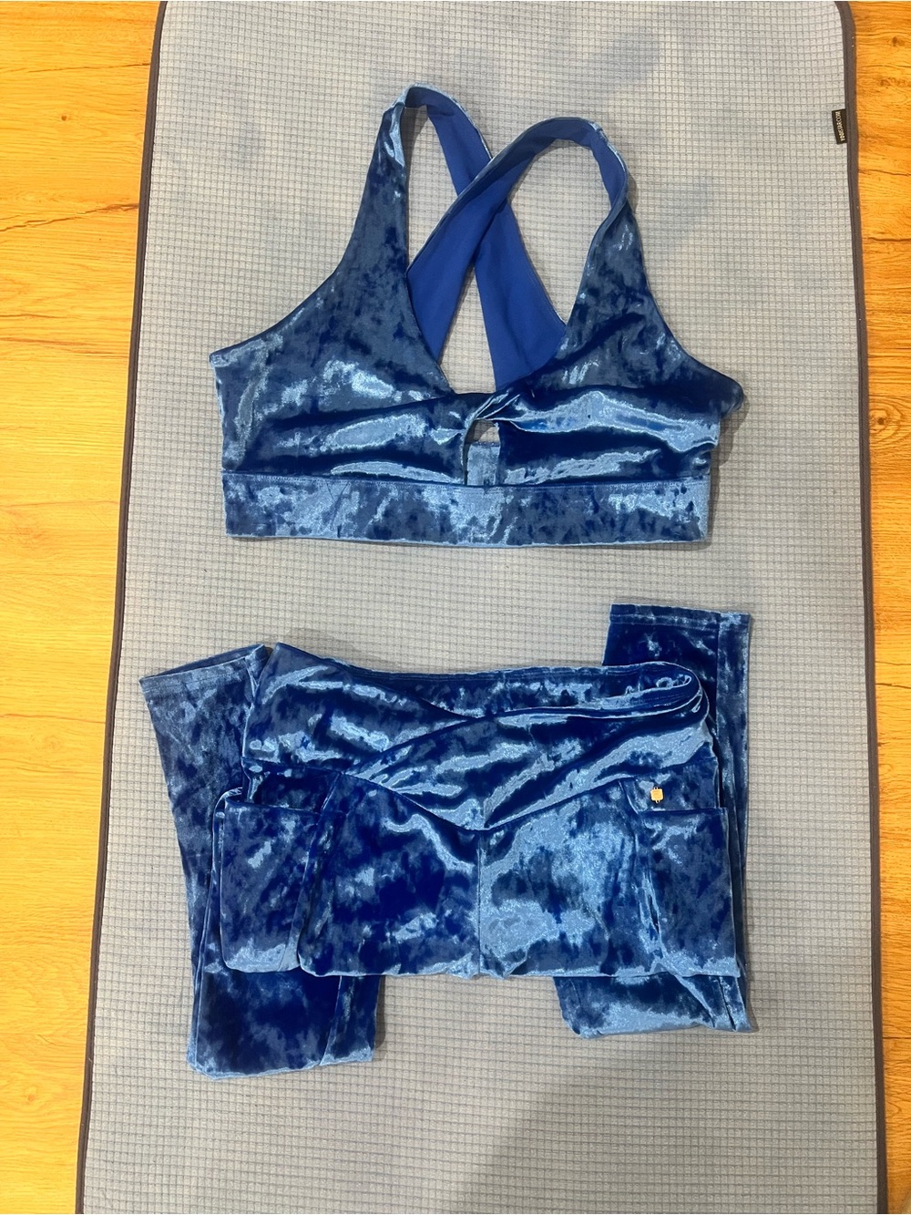 Fablethics Set Blue Velvet Crisscross Sports Bra and Leggings Set